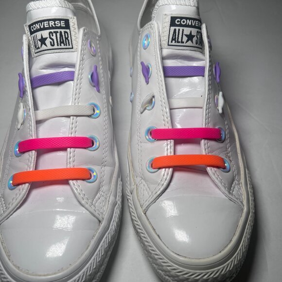 Converse Chuck Taylor All Star White Low Top Sneakers Colorful Laces - Picture 4 of 9